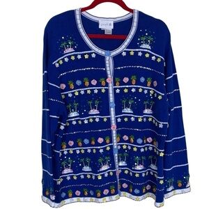 JUST B Vintage Boho Funky Cardigan Tropical Sequined Floral Novelty Print Sz XL